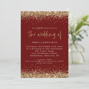 Elegant QR Burgundy Gold Glitter Wedding  Invitation