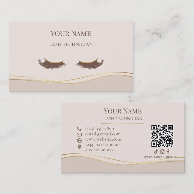 Elegant QR code Beige and Gold Lash Technician Business Card (Front/Back)