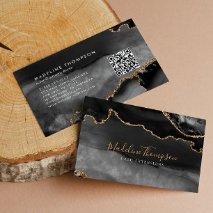 Elegant QR Code Black Gold Marble Agate Geode Business Card
