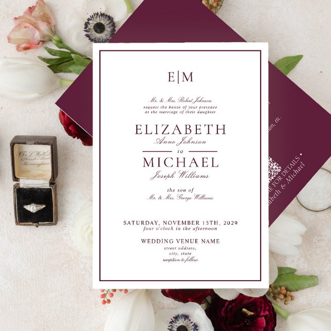 Elegant QR Code Burgundy Classic Monogram Wedding Invitation (Creator Uploaded)