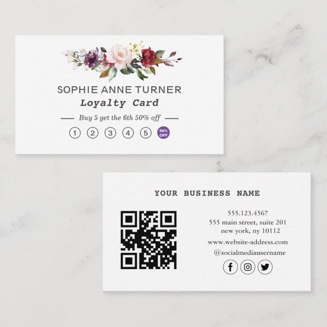 Elegant QR Code Burgundy Pink Floral Professional Loyalty Card (Front/Back)