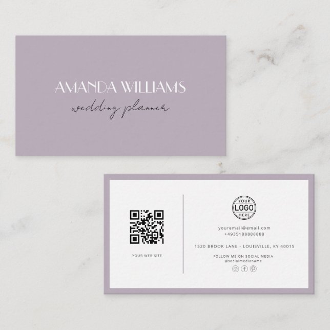 Elegant QR Code Card Social Lavender Business Card (Front/Back)