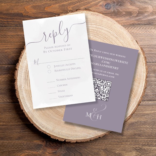 Elegant QR Code Classic Meal RSVP Lavender Card (Classic RSVP meal choice Reply card with a scannable QR Code,)