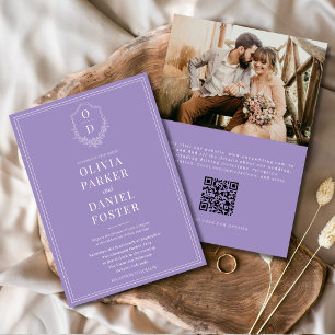 Elegant QR Code Crest Lilac Purple Photo Wedding Invitation