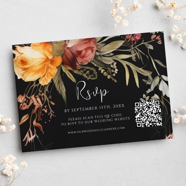 Elegant QR Code Floral Black Wedding RSVP Card (Elegant QR Code Floral Black Wedding RSVP Card)
