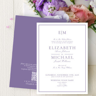 Elegant QR Code Lavender Classic Monogram Wedding Invitation