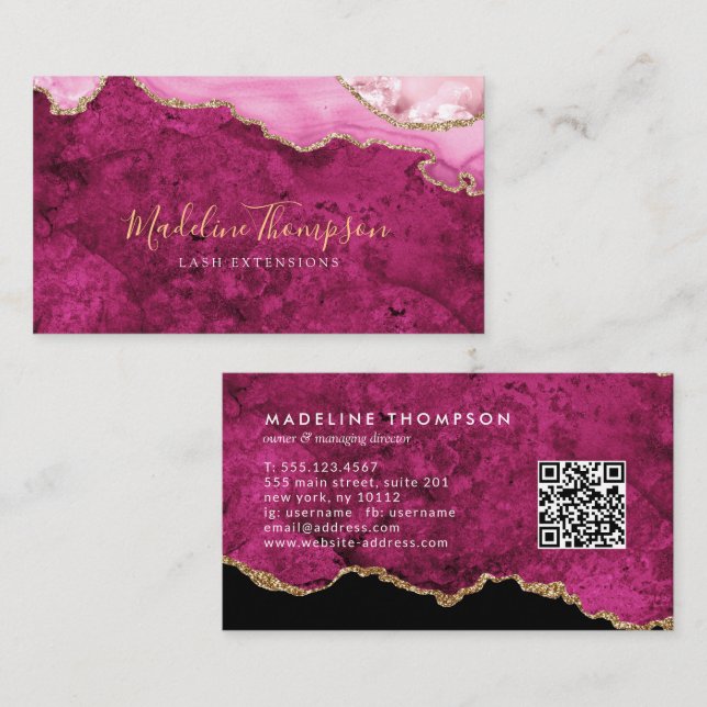 Elegant QR Code Magenta Pink  Marble Agate Geode Business Card (Front/Back)