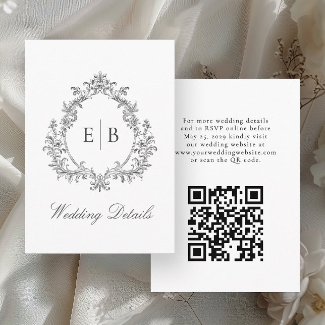 Elegant QR code Monogram Crest Wedding Details Enclosure Card (Creator Uploaded)