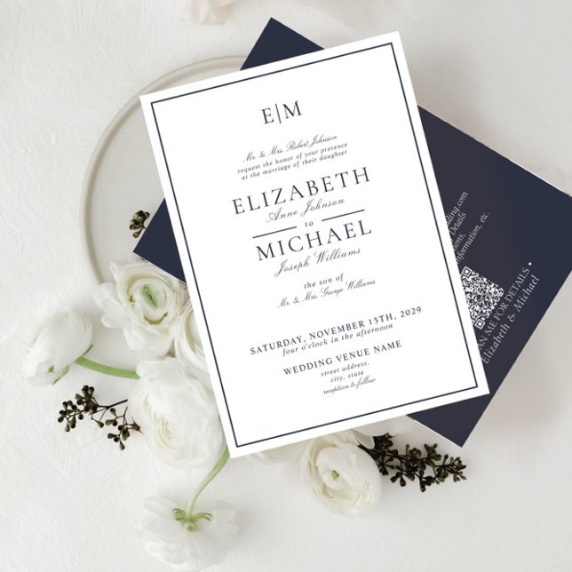 Elegant QR Code Navy Blue Classic Monogram Wedding Invitation (Creator Uploaded)