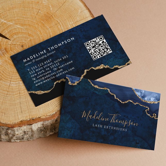 Elegant QR Code Navy Blue Marble Agate Geode Business Card (Creator Uploaded)