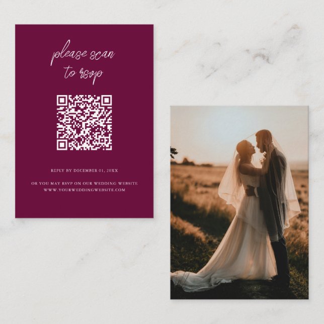 Elegant QR Code Photo Burgundy Wedding RSVP Enclosure Card (Front/Back)