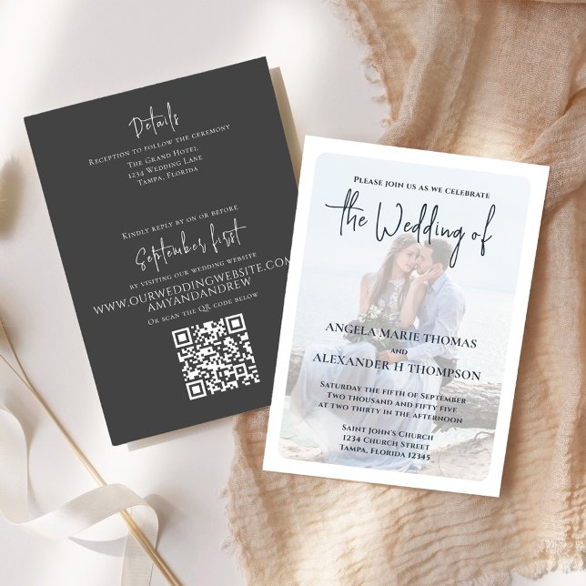 Elegant QR Code Photo RSVP Online Simple  Invitation (Elegant Wedding invitation with a minimalist photo vellum photo overlay effect.)