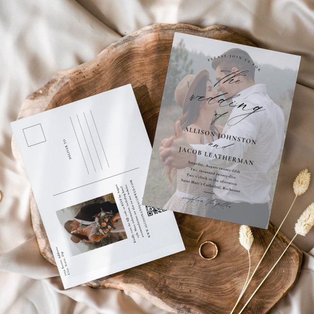 Elegant QR Code Photo Wedding Postcard (Elegant Script Photo Wedding Invitation Postcard with QR code RSVP.)