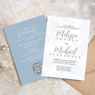 Elegant QR Code RSVP Online Dusty Blue Floral Invitation