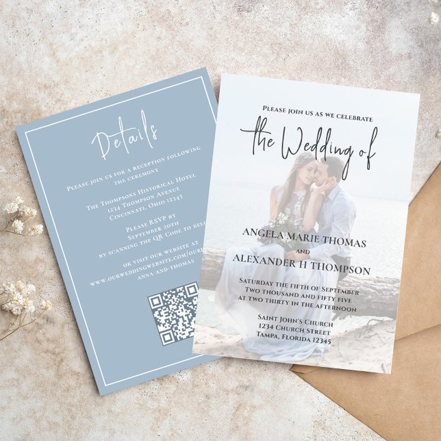 Elegant QR Code RSVP Photo Simple Dusty Blue  Invitation (Elegant photo wedding invitation with QR code RSVP and details. )