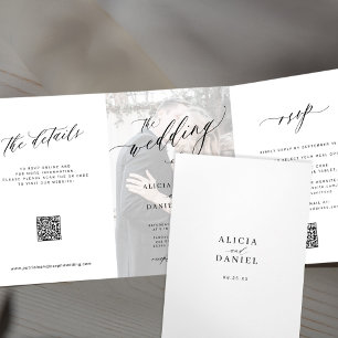 Elegant QR code RSVP photo white wedding Tri-Fold Invitation