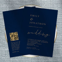 Elegant QR Code Script Navy Gold Wedding Invitatio