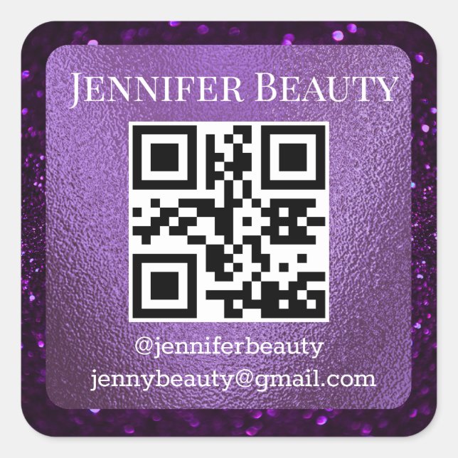 elegant qr code small business purple glitters  square sticker (Front)