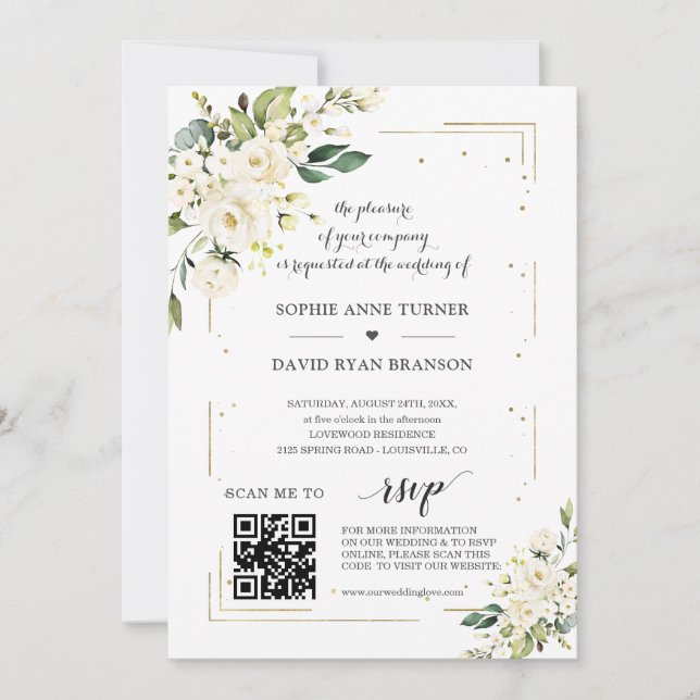Elegant QR Code White Flowers Gold Wedding  Invitation (Front)