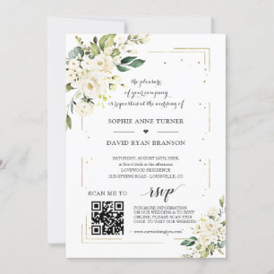 Elegant QR Code White Flowers Gold Wedding Invitation