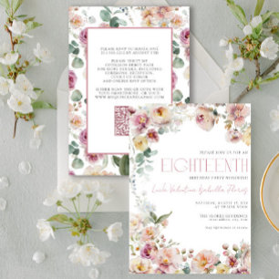 Elegant QR Vintage Blush Pink Floral Eighteenth Invitation