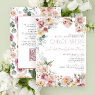 Elegant QR Vintage Blush Pink Floral Quinceañera Invitation
