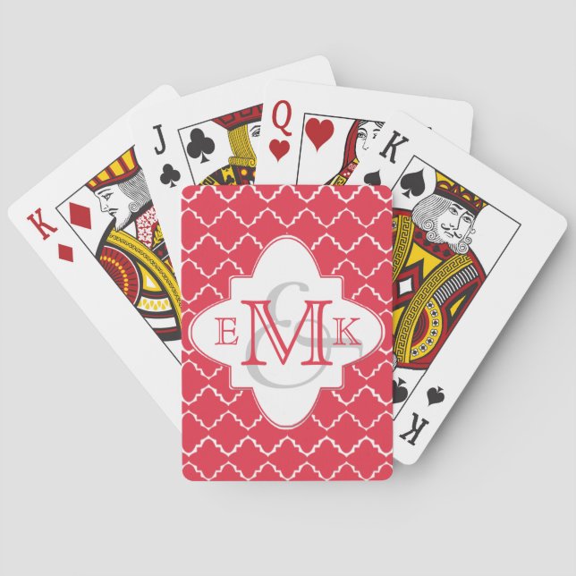 Elegant Quatrefoil Monogram - Red White Playing Cards (Back)
