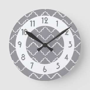 Elegant Quatrefoil Pattern - Grey White Round Clock