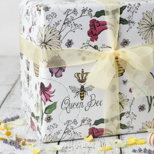 Elegant Queen Bee and Flowers Drawing in Black Ink Wrapping Paper