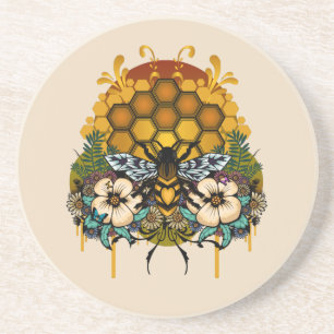 Elegant Queen Bee Floral Honeycomb Botanical Coaster