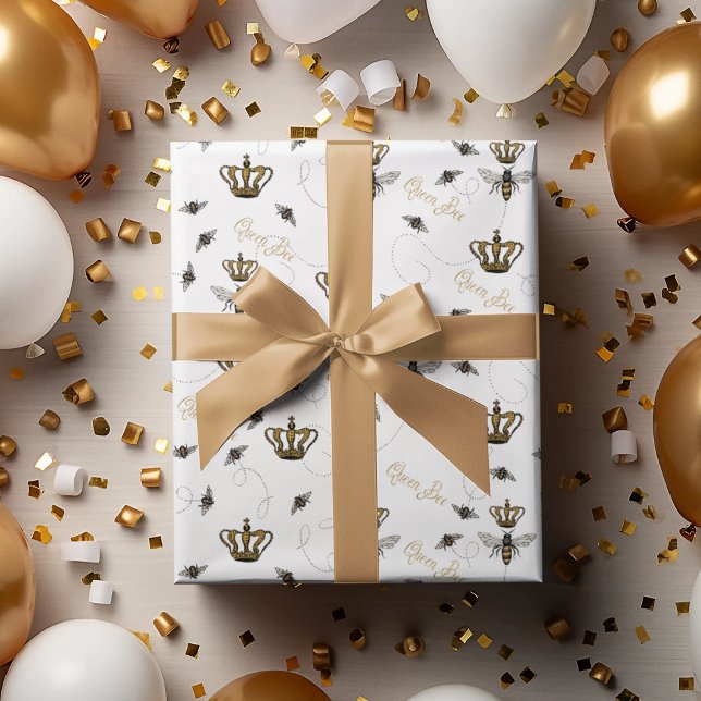 Elegant Queen Bee Gold Crown White Wrapping Paper (Elegant White Queen Bee Pattern. Queen Bee, Gold Crown & Buzzing Bees Drawing. Queen Bee Typography)