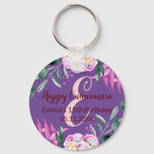 Elegant Quinceanera 15 birthday party favour flora Key Ring (Front)