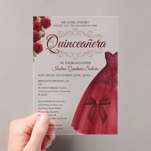 Elegant Quinceanera 15th Birthday Red Burgundy  Acrylic Invitations (Insitu (Handheld))