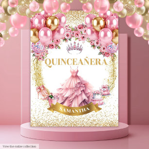 Elegant Quinceañera Backdrop Pink Dress Balloons Tapestry
