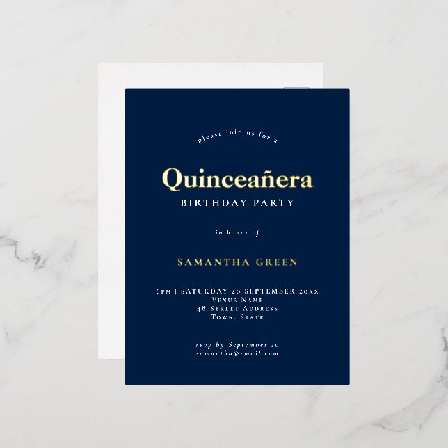 Elegant Quinceañera Birthday Party Navy Blue Glam Foil Invitation Postcard (Front/Back)