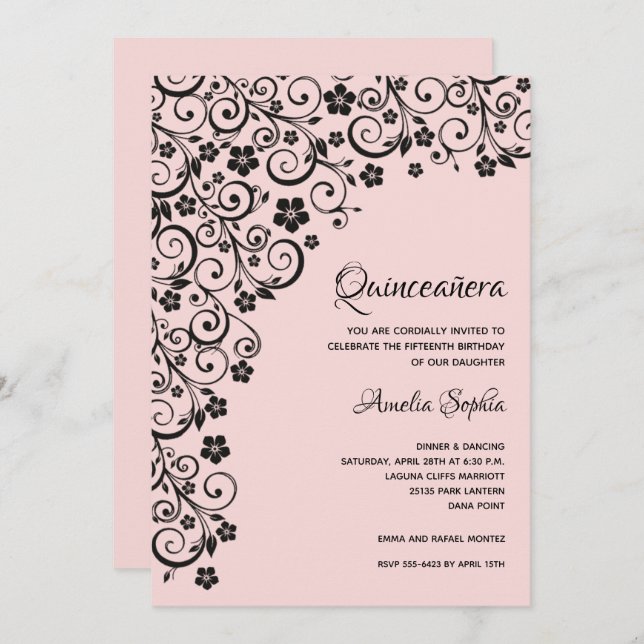 Elegant Quinceañera Black and Pink Invitations (Front/Back)