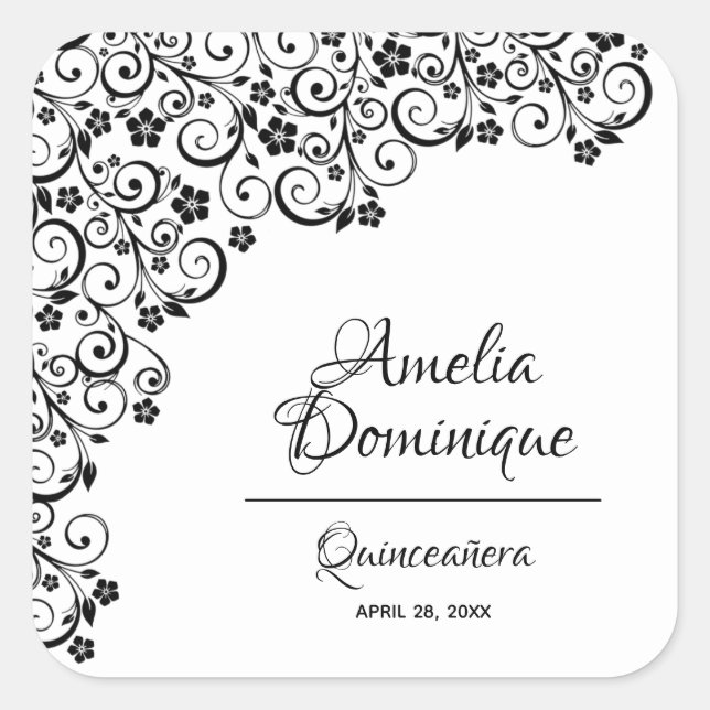 Elegant Quinceañera Black and White Square Sticker (Front)