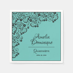 Elegant Quinceañera Black Lace on Turquoise Napkin