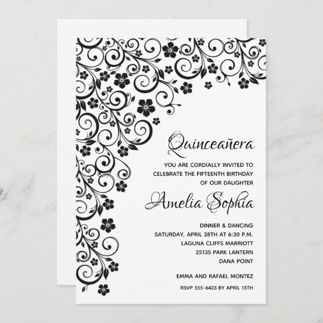 Elegant Quinceañera Black Swirls & Flowers (Front/Back)
