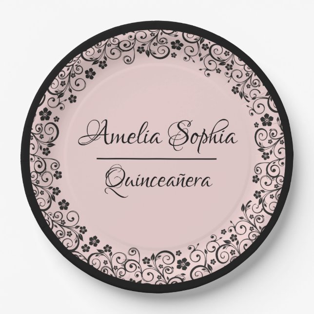 Elegant Quinceañera Black Swirls on Blush PInk Paper Plate (Front)