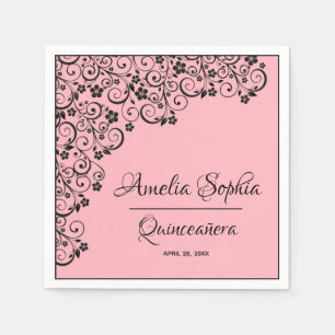 Elegant Quinceañera Black Swirls on Pink Napkin
