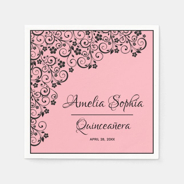 Elegant Quinceañera Black Swirls on Pink Napkin (Front)