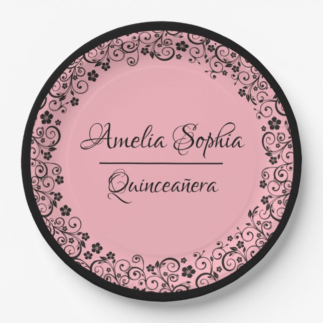 Elegant Quinceañera Black Swirls on PInk Paper Plate (Front)