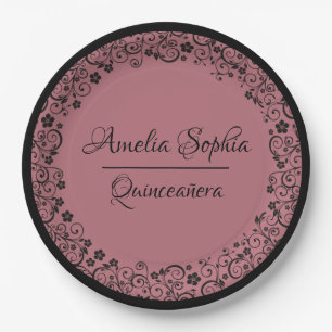Elegant Quinceañera Black Swirls on Rose Gold Paper Plate