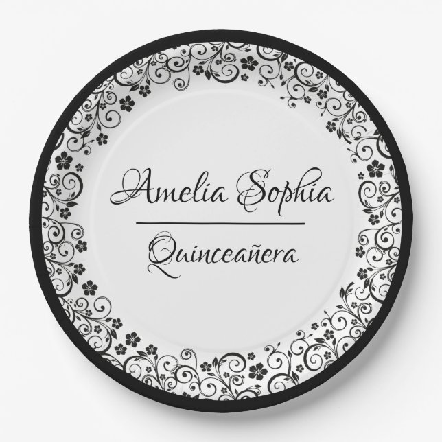 Elegant Quinceañera Black Swirls on White Paper Plate (Front)