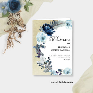 Elegant Quinceañera Blue and Gold Floral Program