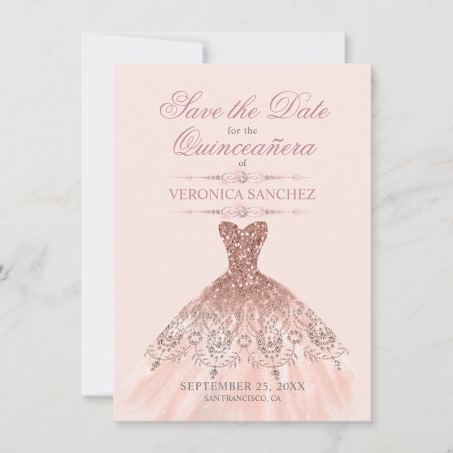 Elegant Quinceañera Blush Pink Rose Dress Save The Date (Front)