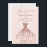 Elegant Quinceañera Blush Pink Rose Dress Save The Date<br><div class="desc">Modern yet elegant Quinceañera Mis Quince Anos save the date (reserva la fecha).  Glitter diamond tiara / crown and dress / gown.  Light blush pink rose gold colours.  Easy to edit template cards.  Perfect for 15th girl birthday party.</div>
