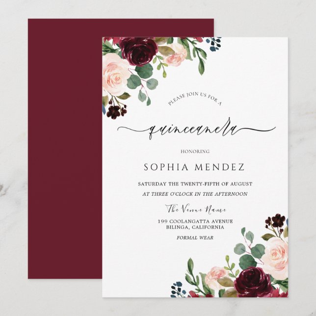 Elegant Quinceanera: Burgundy Red Wine Flowers Invitation (Front/Back)