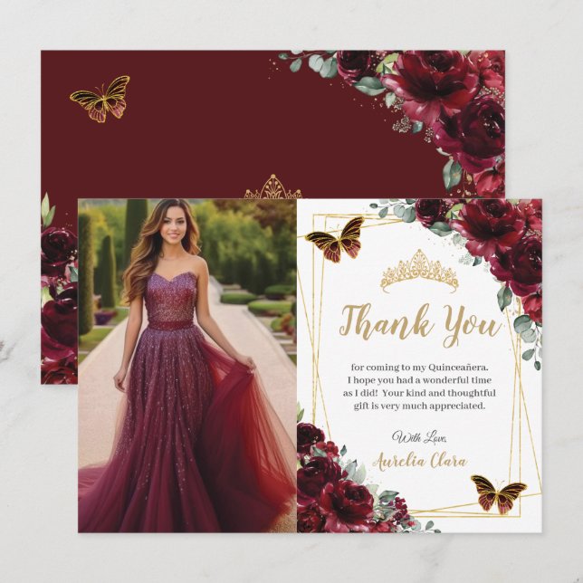 Elegant Quinceañera Burgundy Roses Floral Photo  Thank You Card (Front/Back)